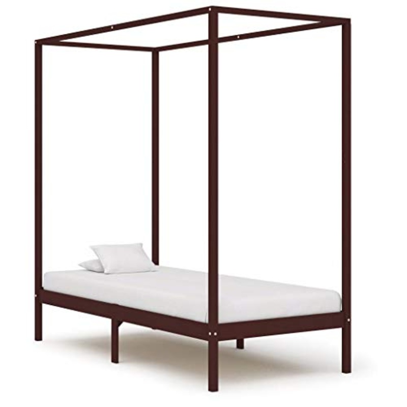 BIGTO – Struttura letto a baldacchino in legno di pino massiccio, per camera da letto, 90 x 200 cm, colore: Marrone scuro