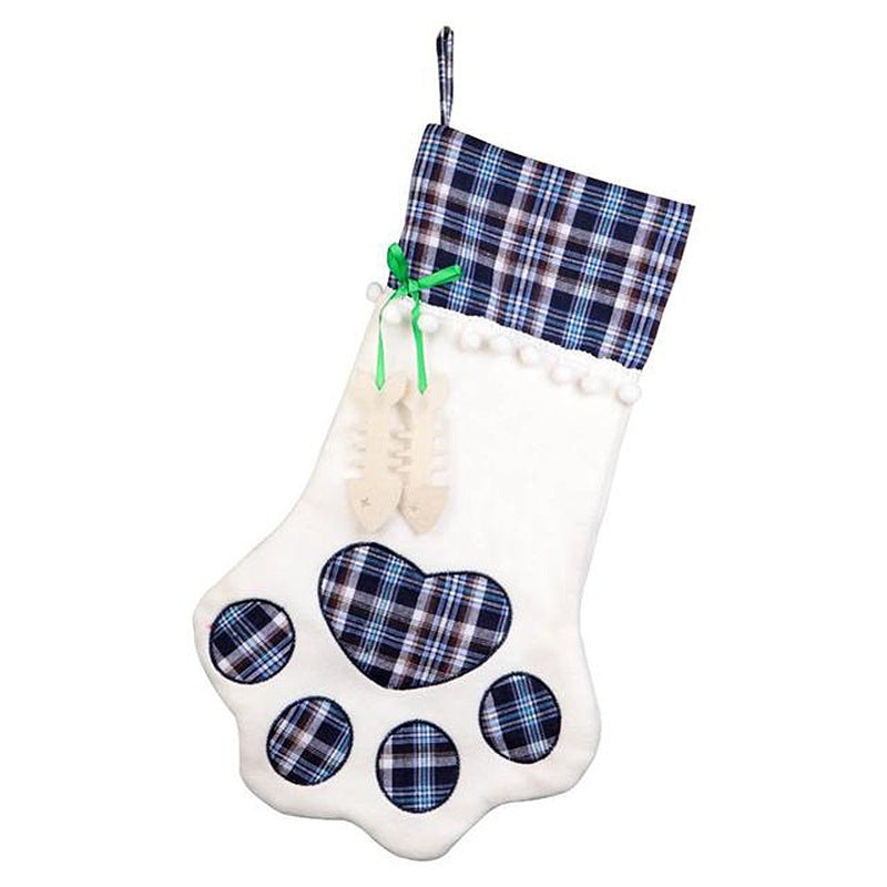 Blue Large Plaid Dog Paw Christmas Stocking – Festive Fireplace Decor for Pet Lovers