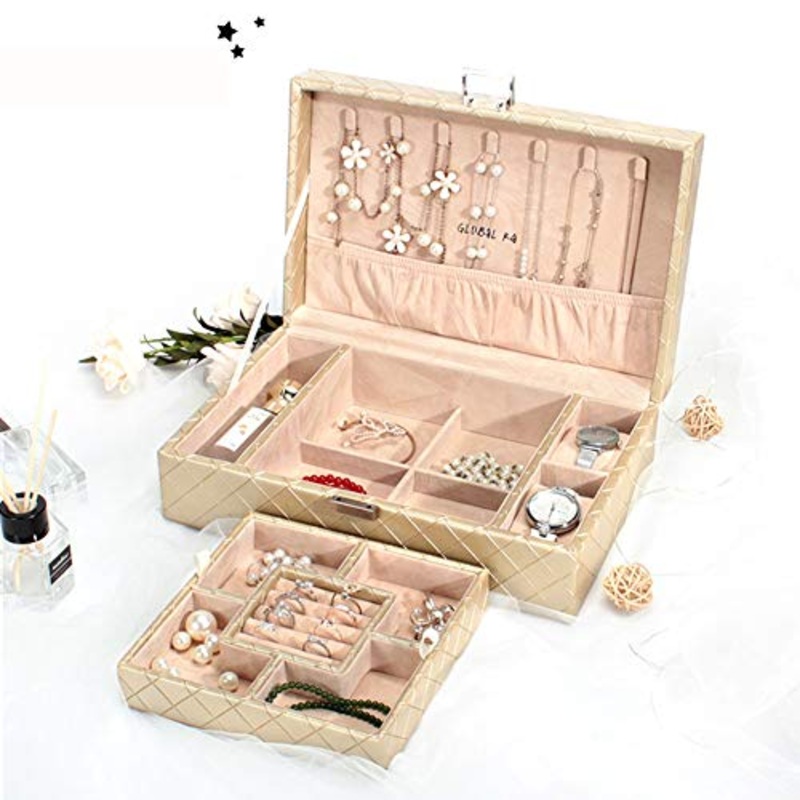 LTLWL 2-Layer Square-Shaped Lint Leather Jewellery Box Jewelry Organiser Storage Case with Lock Mirror Gifts for Women