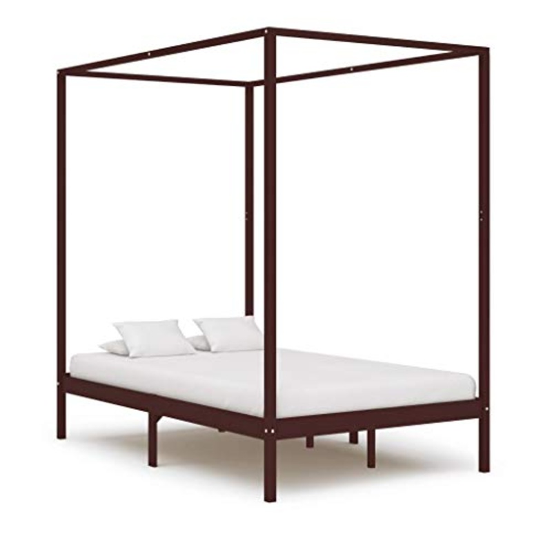 BIGTO – Struttura letto a baldacchino in legno di pino massiccio, per camera da letto, 140 x 200 cm, colore: Marrone scuro