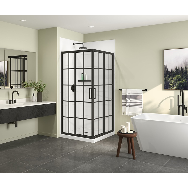 MAAX 107481-977-340-000 Scarlet 36 x 36 Acrylic Corner Drain Shower Kit in White with French Glass in Matte Black