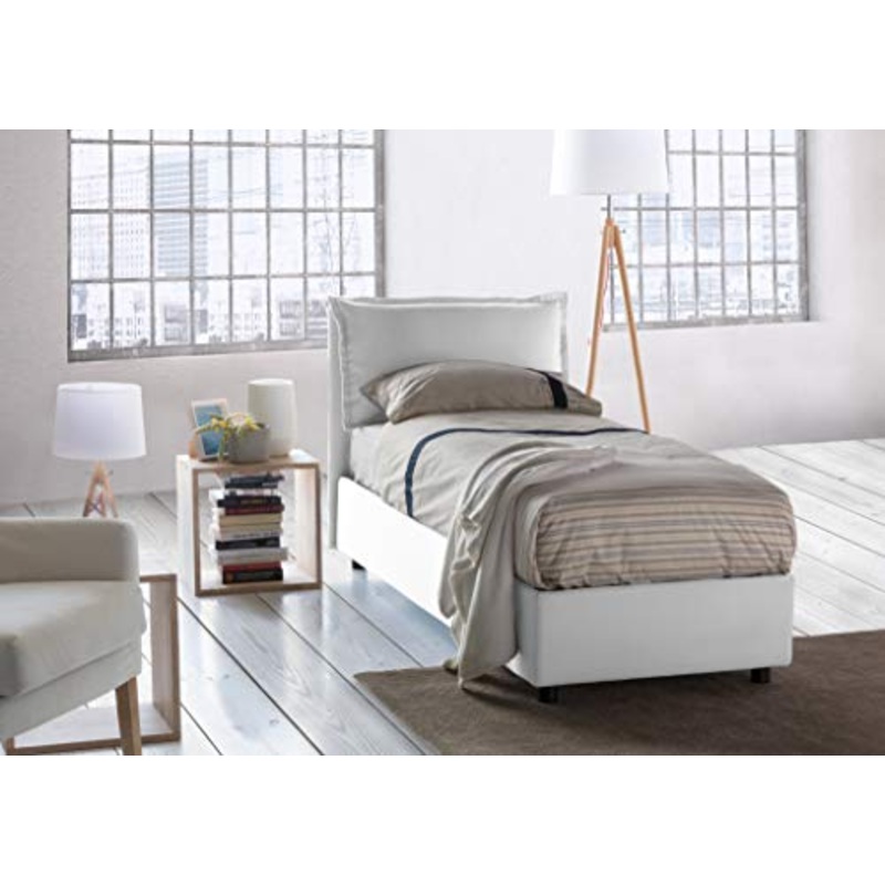 Talamo Italia Letto contenitore Singolo Veronica, Made in Italy, Testata e rivestimento in tessuto, Apertura laterale, con materasso cm 80×190 incluso, Bianco