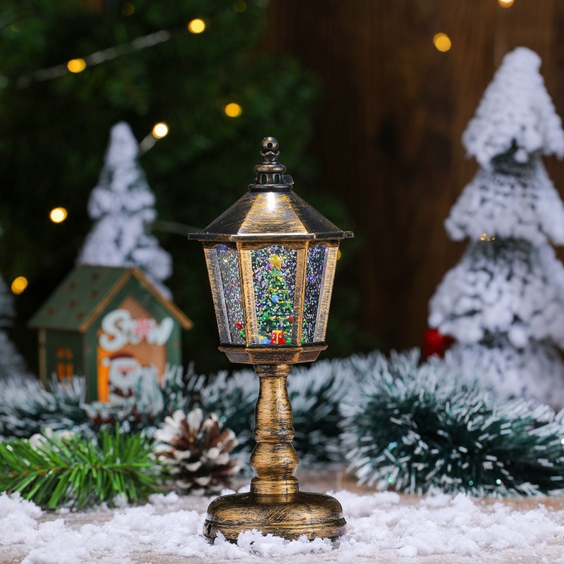 Festive LED Christmas Snow Globe Lantern – Glittering Tabletop Decoration with Santa/Snowman Scene, Dual Power(Bronze)