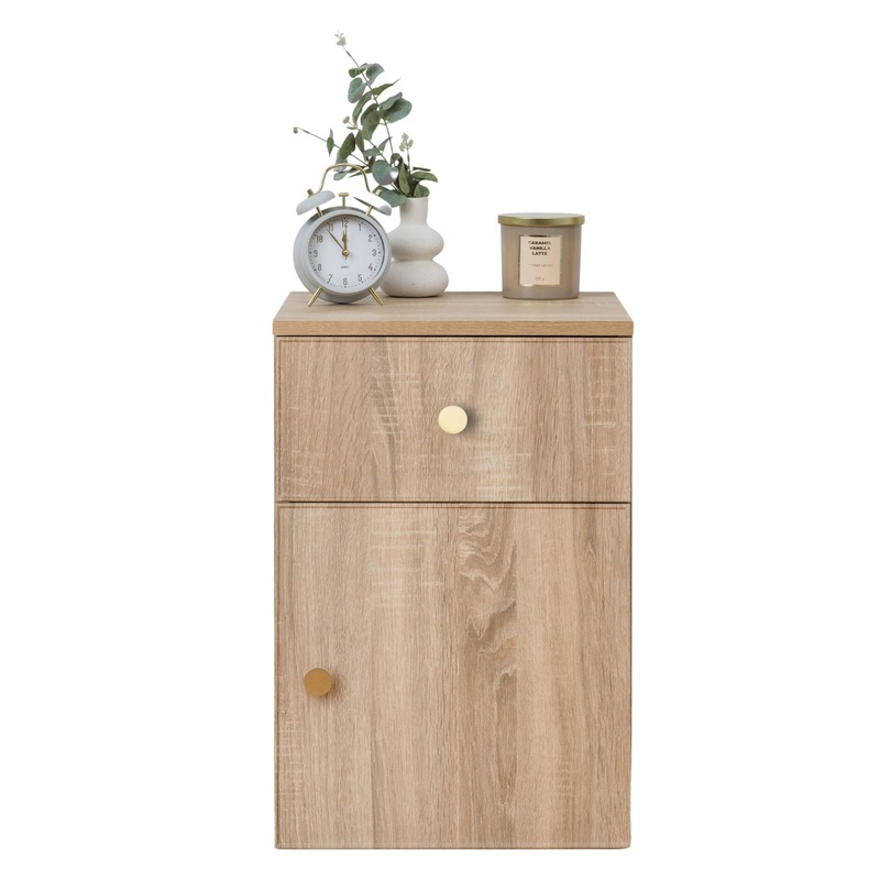 PORTO BEDSIDE TABLE – NATURAL OAK – SLIM – ROUND BRASS