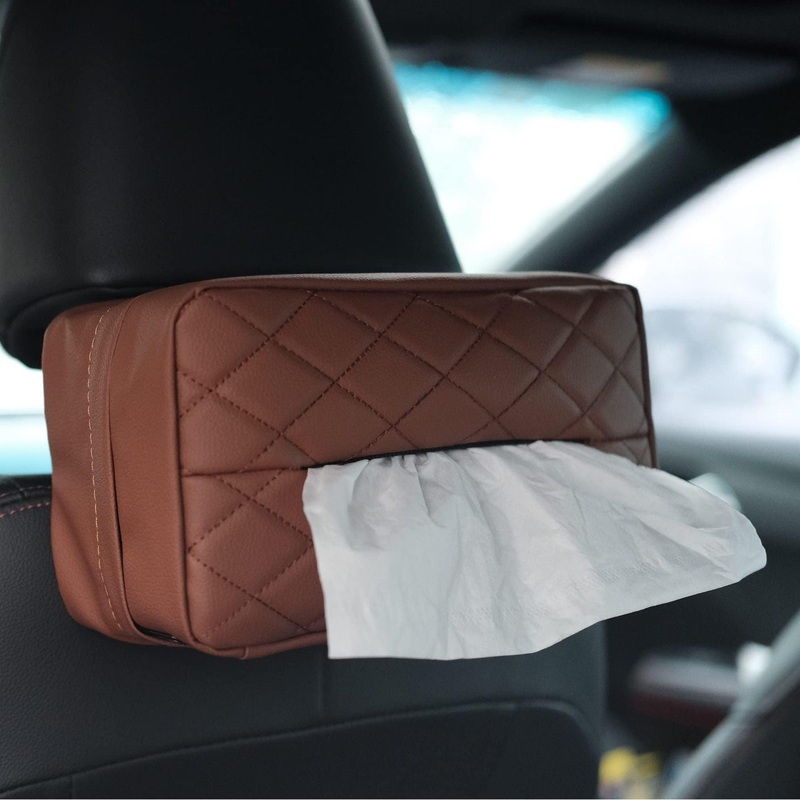 Brown 2-Pack Car Tissue Box Holder Set – Universal Sun Visor & Seat Back PU Leather Organizer