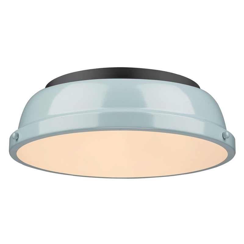 Duncan 14″ Flush Mount in Matte Black with a Seafoam Shade
