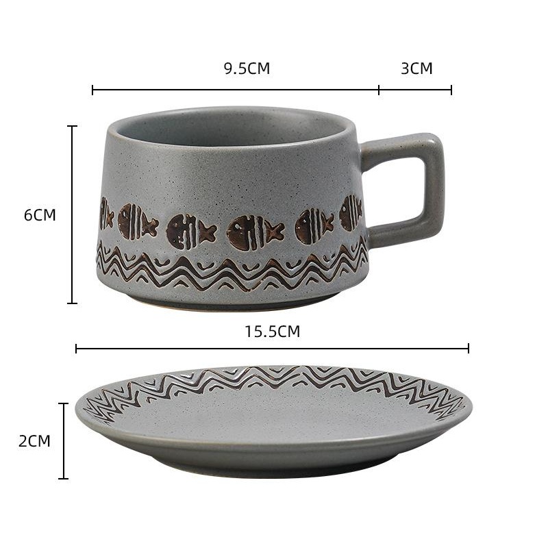 Vintage Ceramic Coffee Cup and Saucer Set – Elegant Afternoon Tea Set(Wave Fish Gray)