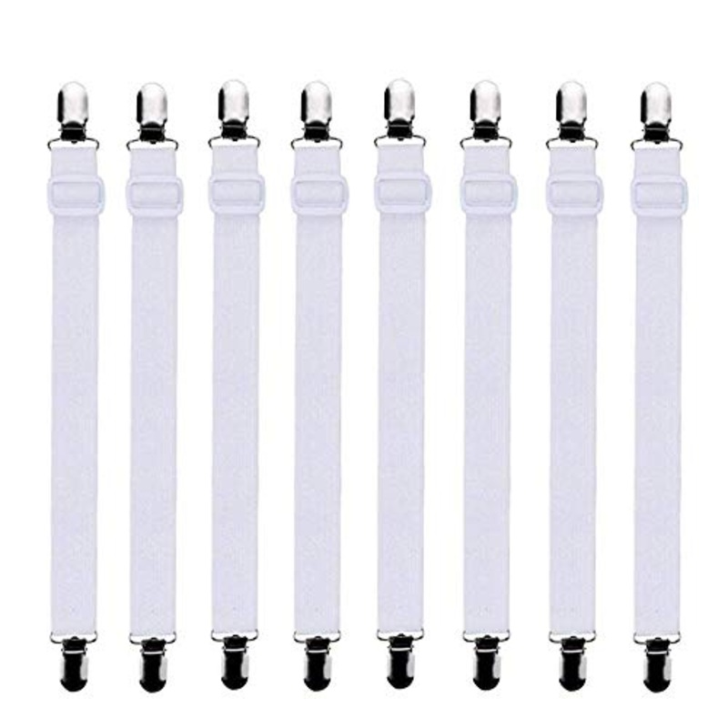 Bedecor – 8 Pezzi(30cm-120cm) Bretelle Elasticizzate Regolabili per Angoli Lenzuola, coprimaterassi, Letto o Divano, Bianco