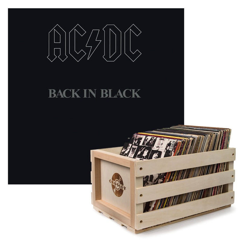Crosley Record Storage Crate AC/DC Back In Black Vinyl Album Bundle