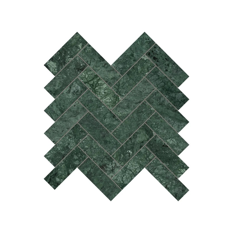 1.25″ x 4″ Diosa Verde Herringbone Polished Marble Mosaic 1 Sheet = .89 Sqft 1.25″ x 4″