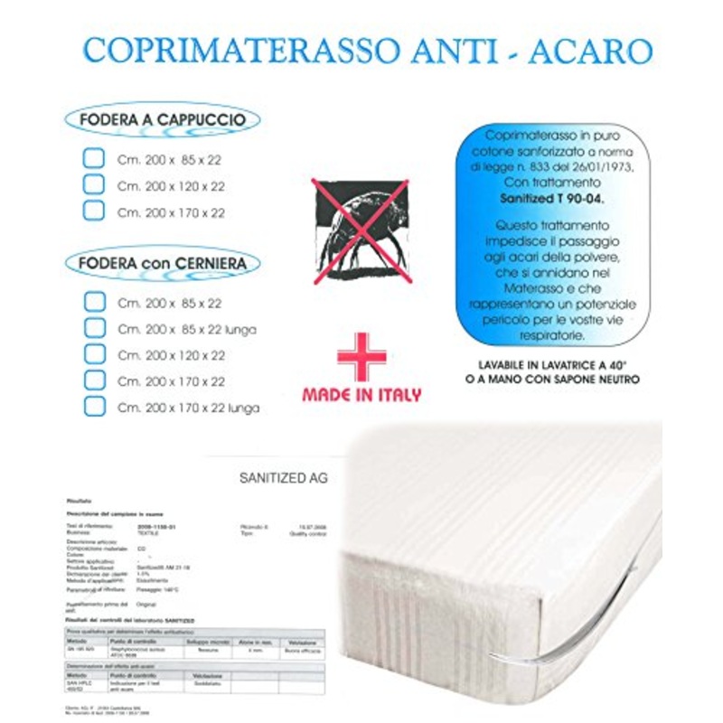 COPRIMATERASSO ANTIACARO CON CERNIERA 1 PIAZZA