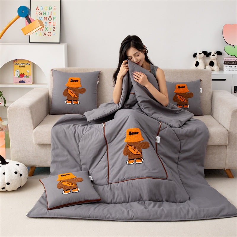 Grey Fashion Bear 2-in-1 Foldable Car Pillow Blanket – Cozy 40x40cm Pillow, Unfolds to 100x150cm Blanket for Travel and Office Naps