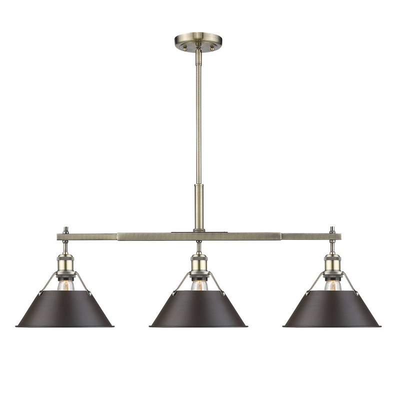 Three Light Linear Pendant from the Orwell Collection in Aged Brass Finish by Golden