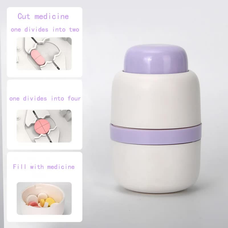White And Purple 3-in-1 Pill Cutter Crusher & Storage Box – Portable Tablet Splitter Grinder for Precise Dosing