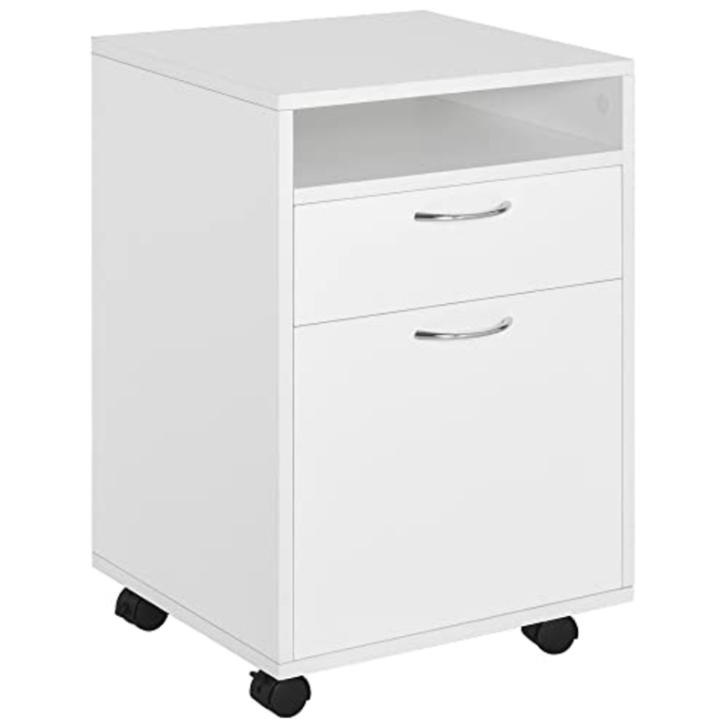 homcom Cassettiera Portadocumenti da Ufficio in Legno Bianco con 2 Cassetti, 4 Ruote Ominidirezionali, 40 x 35 x 60cm