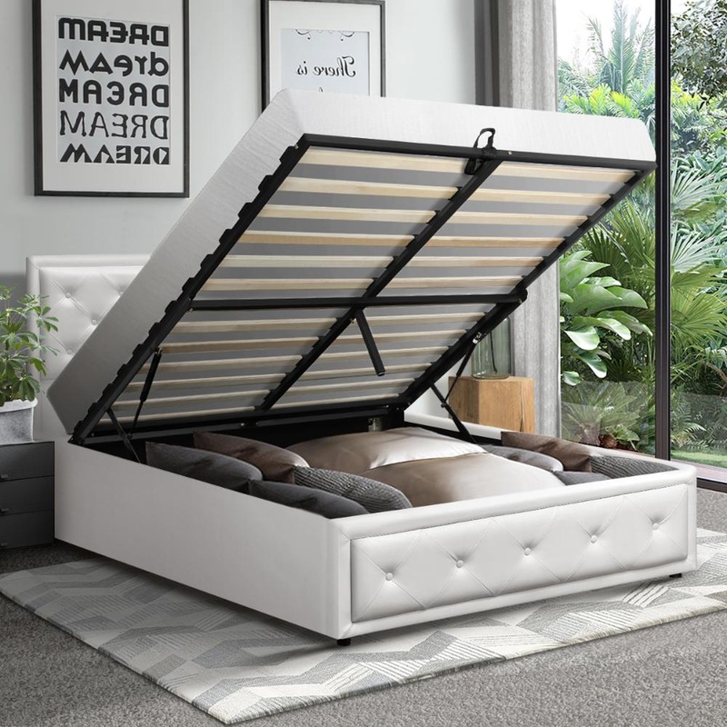 King Single Bed Frame with Storage Space Gas Lift White