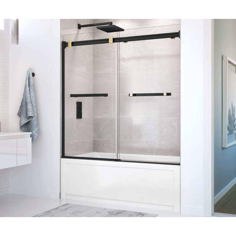 MAAX 136270-900-380-000 Duel 56-59 x 55  x 59 in. 8 mm Bypass Tub Door for Alcove Installation with Clear glass in Matte Black & Brushed Gold