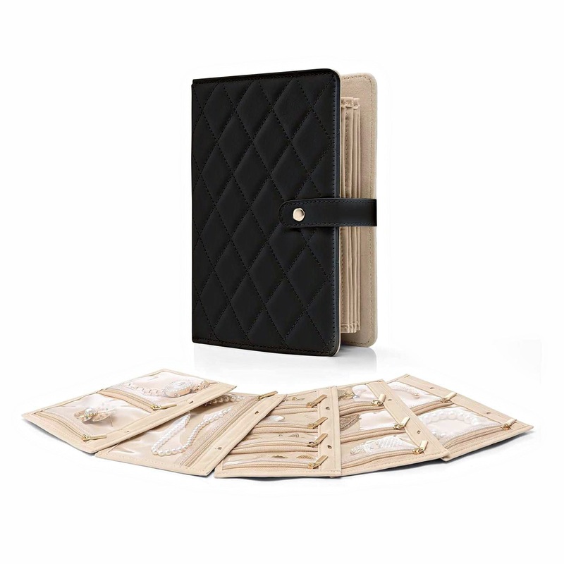 Black Elegant Quilted Travel Jewelry Organizer Binder – Portable Loose-Leaf Storage Book with Clear Zipper Pockets for Earrings, Necklaces, Rings