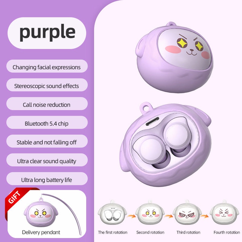 Fun Face-Changing TWS Earbuds with Rotating Case – Bluetooth 5.4, High-Quality Sound(purple)