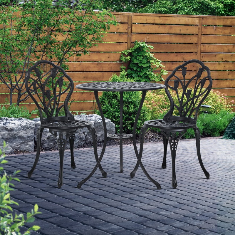 Gardeon 3PC Outdoor Setting Bistro Set Chairs Table Cast Aluminum Patio Furniture Tulip Black
