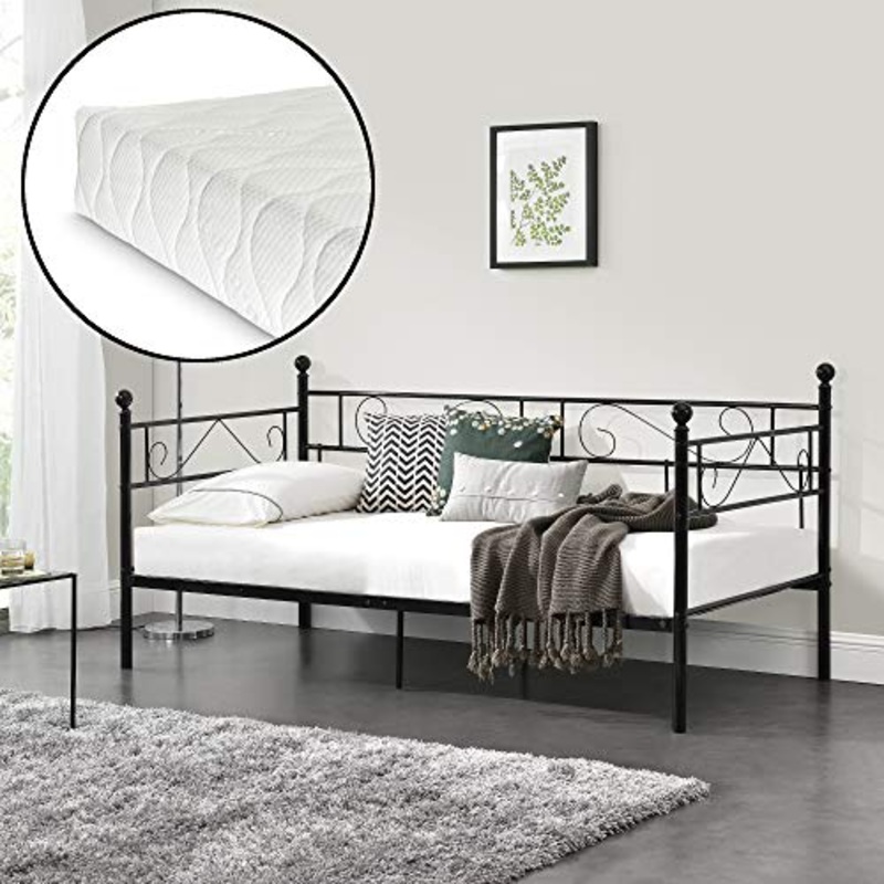 [en.casa] Divano Letto Metallo con Materasso 200 x 100 cm Sofa Singolo Design Incluso Rete a Doghe Nero
