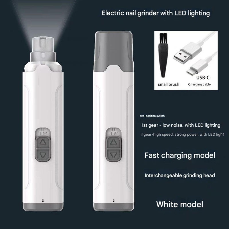 White Quiet Electric Pet Nail Grinder with LED Light – 2-Speed USB-C Rechargeable Trimmer for Dogs & Cats Grooming
