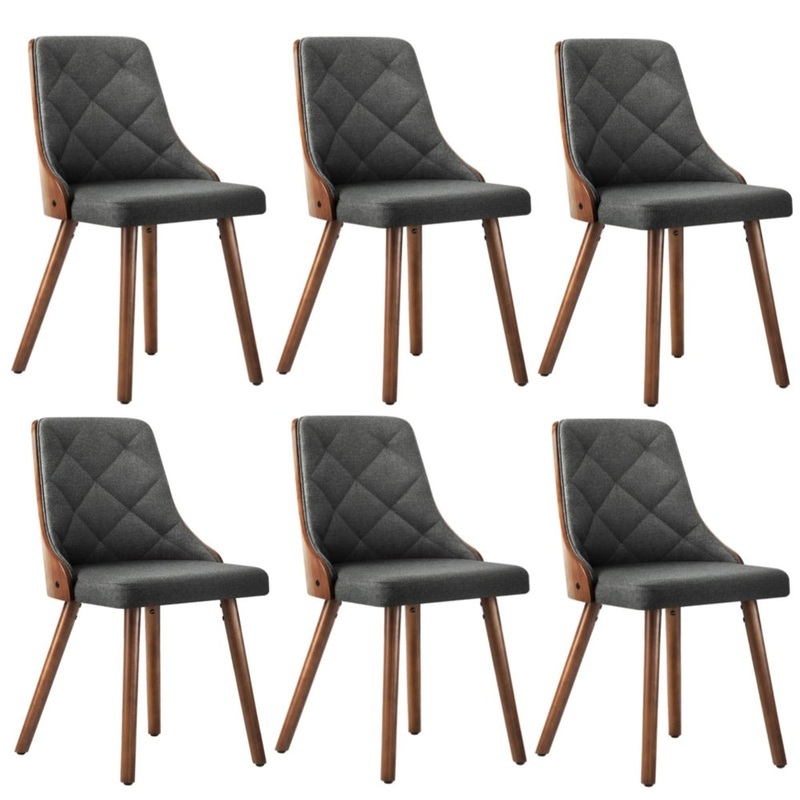 Wooden Dining Chairs Faux Linen fabric Padded Seatx6