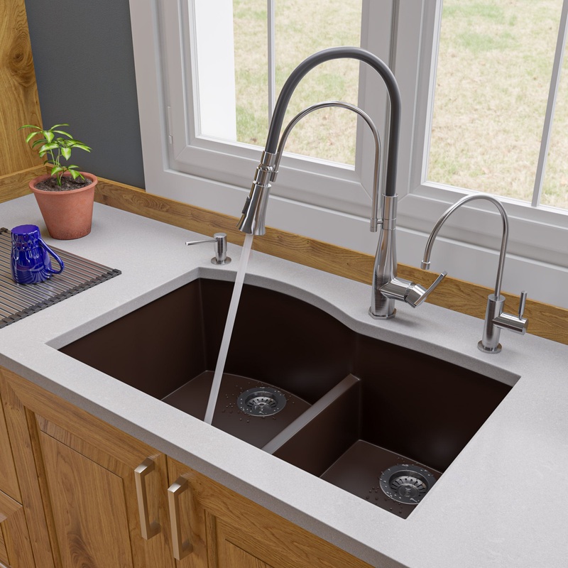 ALFI brand AB3320UM-C Chocolate 33″ Double Bowl Undermount Granite Composite Kitchen Sink