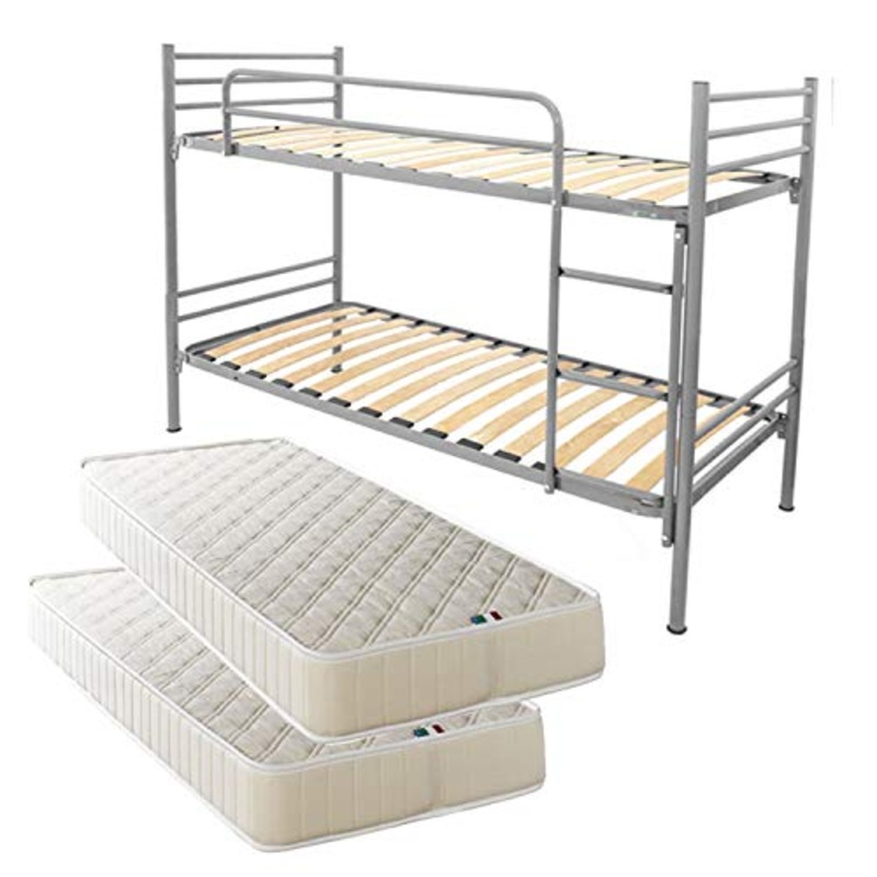 Filoben-com Letto a Castello Argento Rete a doghe Completo di 2 materassi in Offerta Made in Italy