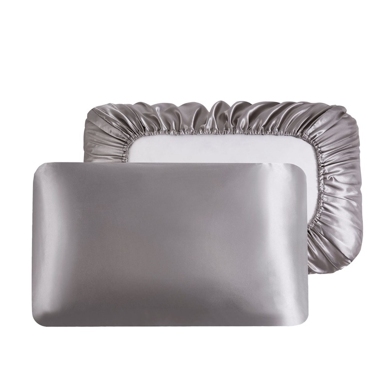 Gray Silky Satin Pillowcase Pair – Smooth for Hair & Skin, Elastic Fitted (46×90+16cm)