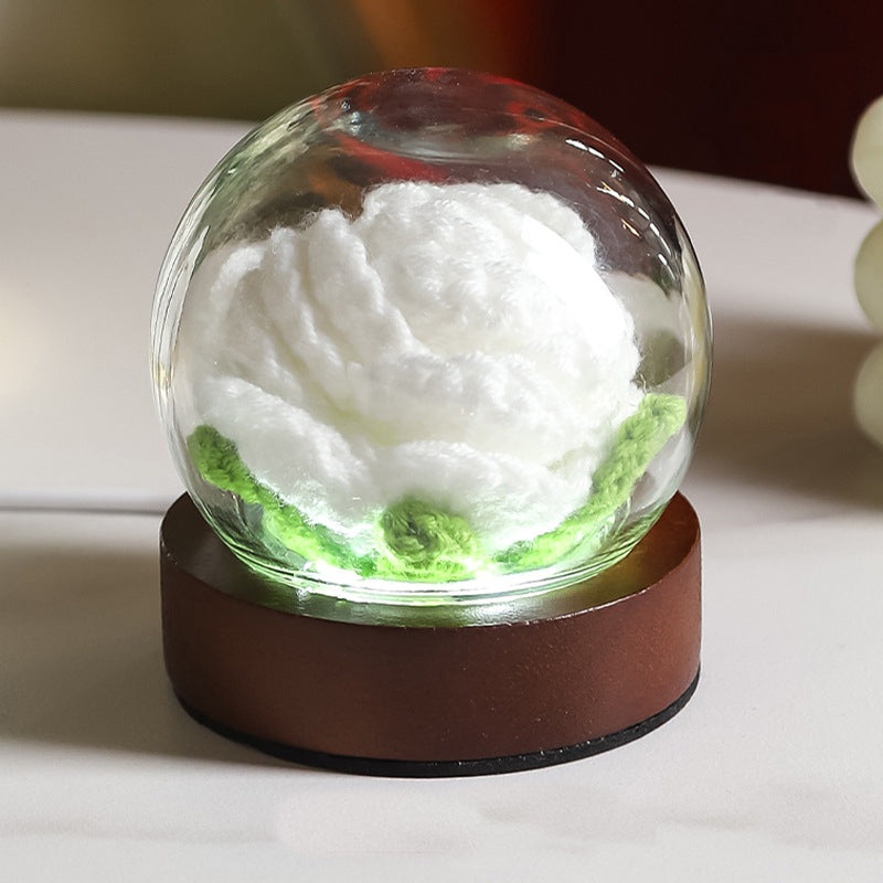 White Rose Handcrafted Crochet Flower LED Night Light – USB Rechargeable Glass Dome Lamp with Wood Base, 3 Color Modes