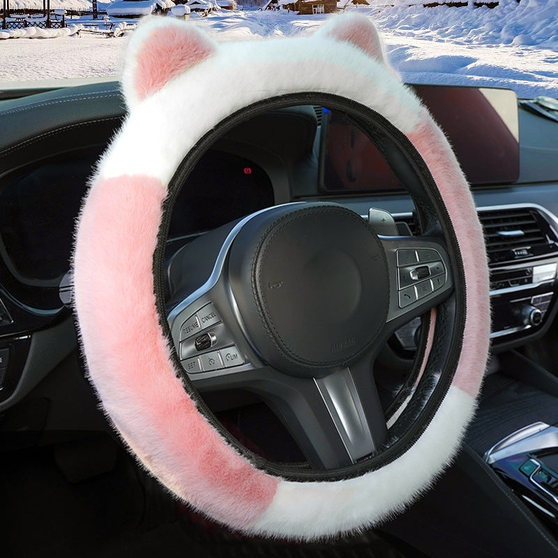 Pink Stitching White Plush Cat Ear Steering Wheel Cover – Cute & Fuzzy Winter Grip, Universal 38cm Fit