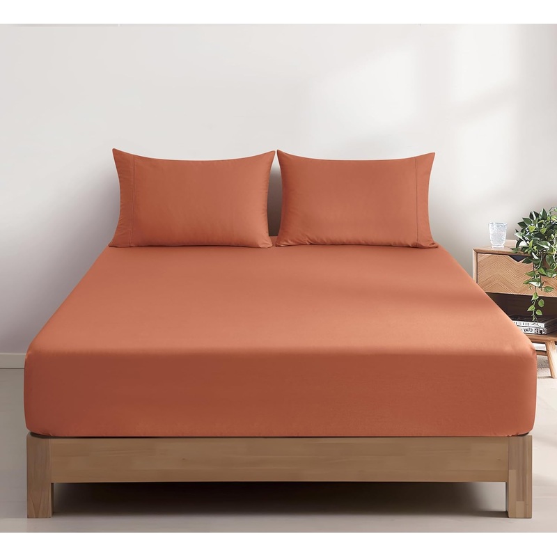 100% Vintage Washed Cotton Fitted Sheet Combo Set  100% Natural Cotton, Ultra Soft & Breathable  Includes Fitted Sheet & Pillowcases  Machine Washable (Brick, Double)