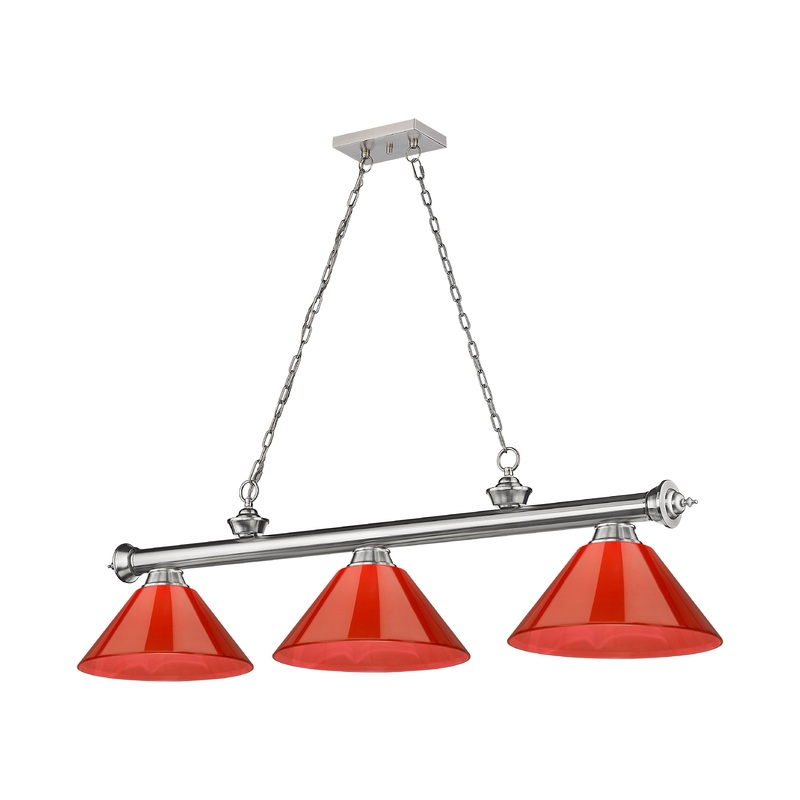 Cordon 3-Light Billiard Brushed Nickel Cone Red Plastic