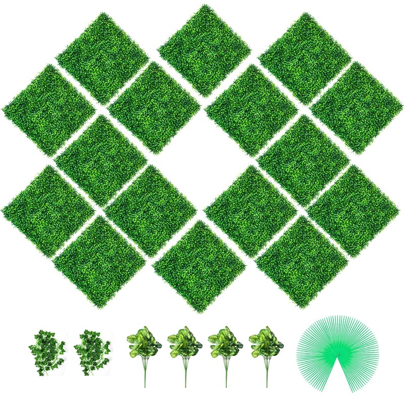 VEVOR Artificial Boxwood Panels, 16 PCS 20″x20″ Boxwood Hedge Wall Panels, PE Artificial Grass Backdrop Wall 1.6″, Privacy Hedge Screen for Decoration of Outdoor, Indoor, Garden, Fence, and Backyar