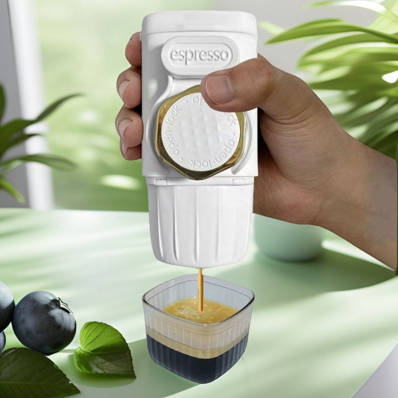 White Portable Hand Press Espresso Machine – Compatible with Espresso Capsules and Ground Coffee for Home, Travel, and Outdoor Use