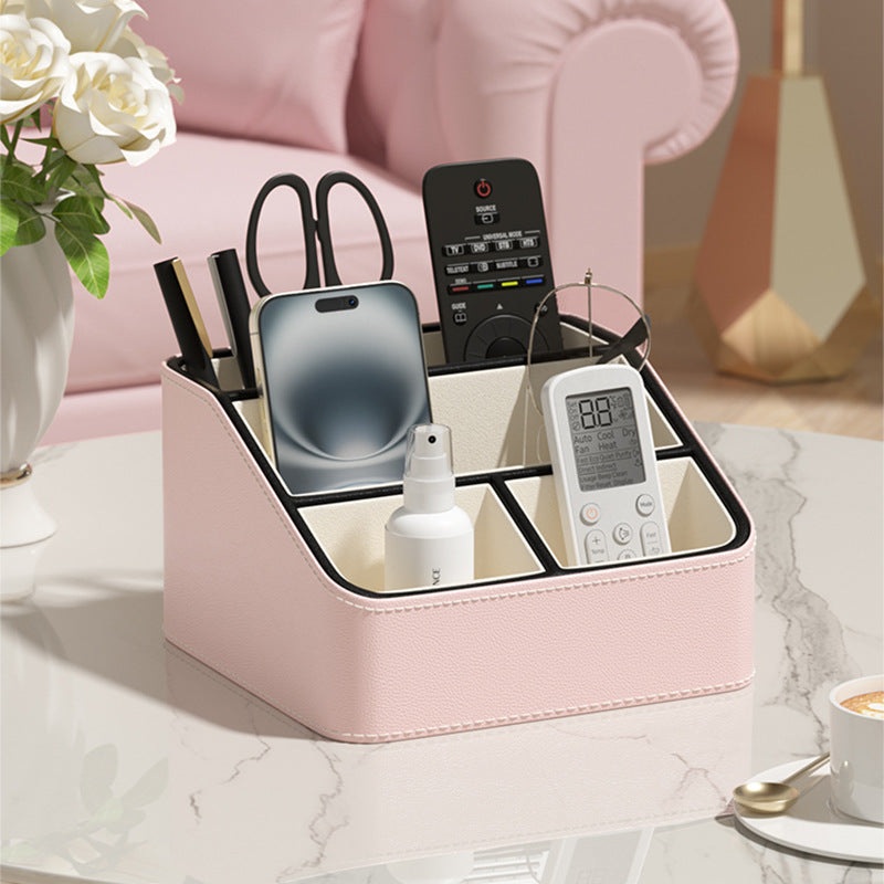 Pink and Black Stylish PU Leather Desktop Organizer Caddy – Multi-Compartment Holder for Remotes, Office Supplies, Makeup