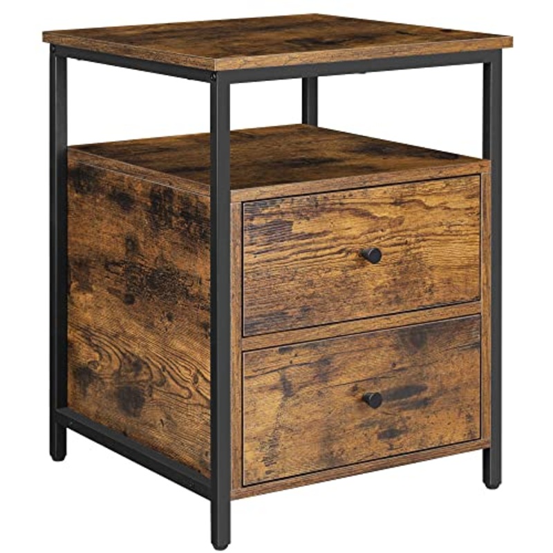 VASAGLE Comodino, Tavolino, 45 x 45 x 60 cm, Ripiano Aperto e 2 Cassetti, per Soggioro, Camera da Letto, Industriale, Marrone Vintage e Nero LET067B01