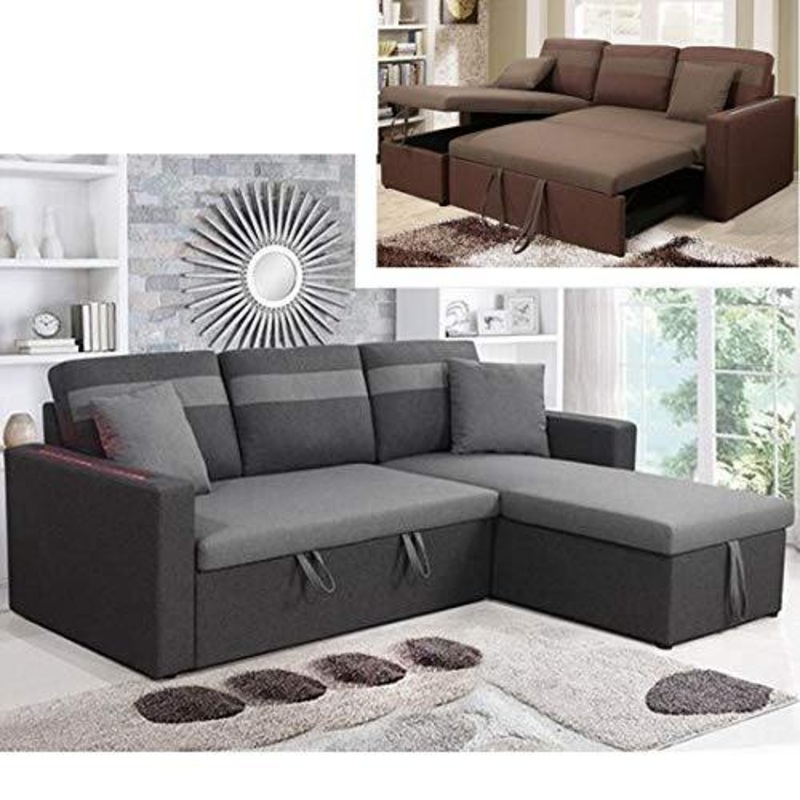 Bagno Italia Divano Letto angolare 223 cm in Microfibra Grigio o Marrone Chaise Longue Reversibile con vano Contenitore braccioli con luci LED