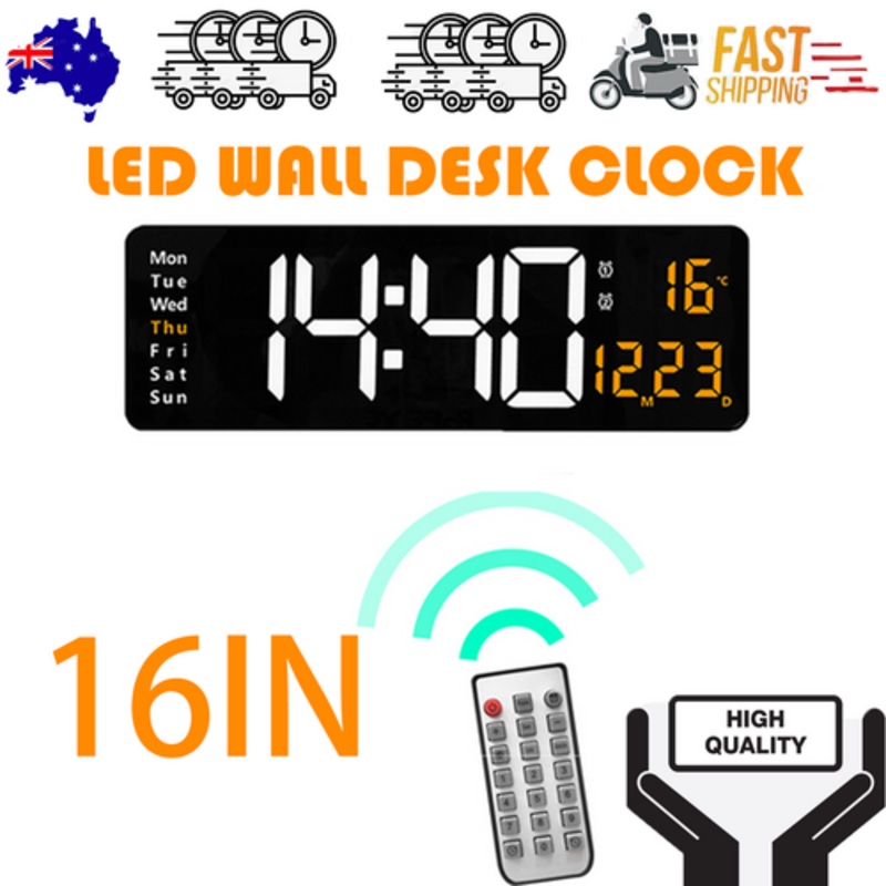 16″ Orange Large Digital Big Jumbo LED Wall Desk Clock Display With Temperature Calendar