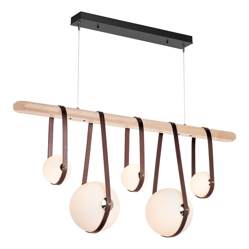 Derby Linear 5-Light LED Pendant Black Polished Nickel with British Brown Leather Maple Wood