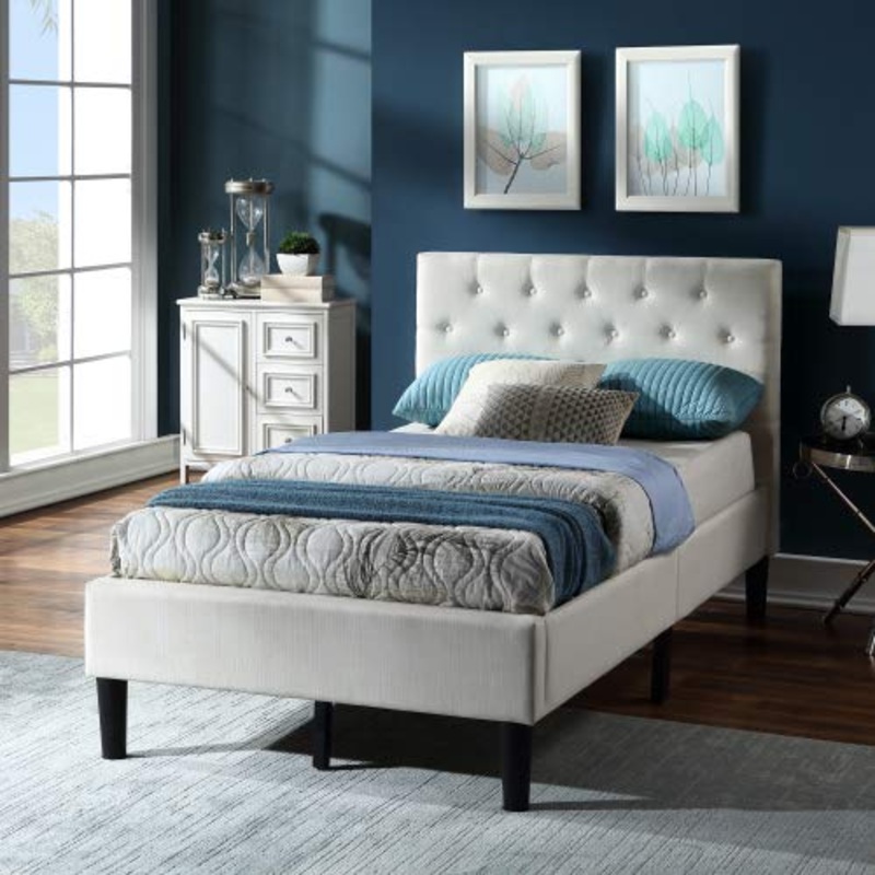 HLOEC Letto a piattaforma in morbido lino/letto matrimoniale/letto matrimoniale con testiera/copriletto (beige)