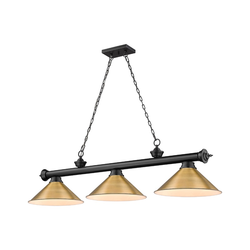 Cordon 3-Light Billiard Matte Black Cone Rubbed Brass Steel