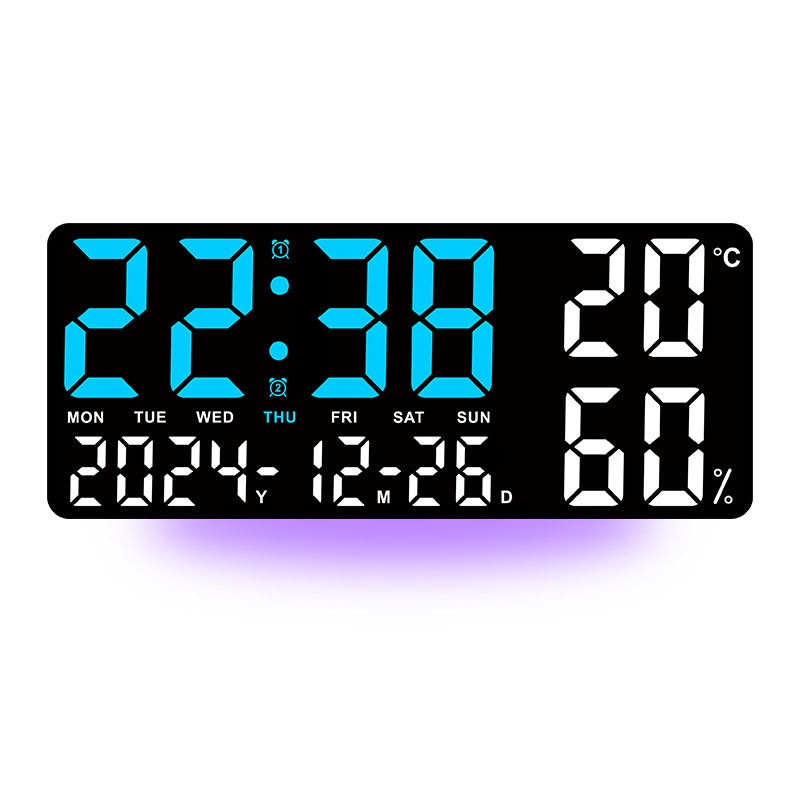 Black Background With Blue and White Light Sleek Large LED Digital Wall & Desk Clock – Remote Control, Temperature, Humidity, Dual Alarms, Calendar