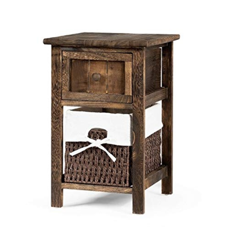 LICHUAN Tavolino comodino mini 2 strati 1 cassetto in legno comodino con cestino per la spesa MDF e solido Paulownia comodino facile da montare