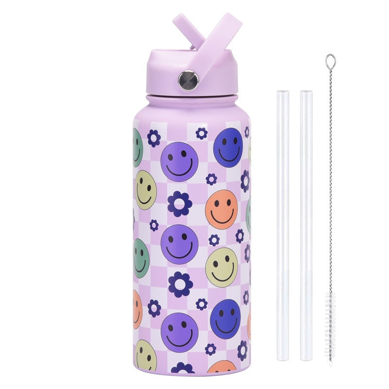 Style 27A Purple Smiley Face Pattern Vibrant Fun Print 1L Stainless Steel Insulated Water Bottle – 32oz Large Capacity with Straw Lid & Carry Handle – BPA-Free