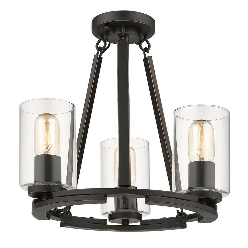 Three Light Semi-Flush Mount from the Monroe Collection in Matte Black with Gold Highlights Finish by Golden