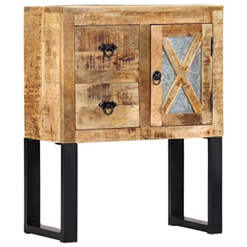 vidaXL Credenza 2 Cassetti 1 Anta Rustica Robusta Armadietto Porta TV 60x30x76 cm Gambe in Acciaio Zincato Naturale e Nero Legno Massello di Mango