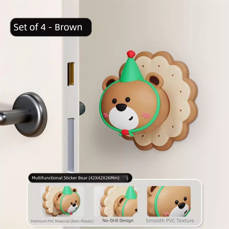 4 Pcs Brown Adorable Bear Wall Protector – Multi-Use Self-Adhesive Door Stopper Bumper