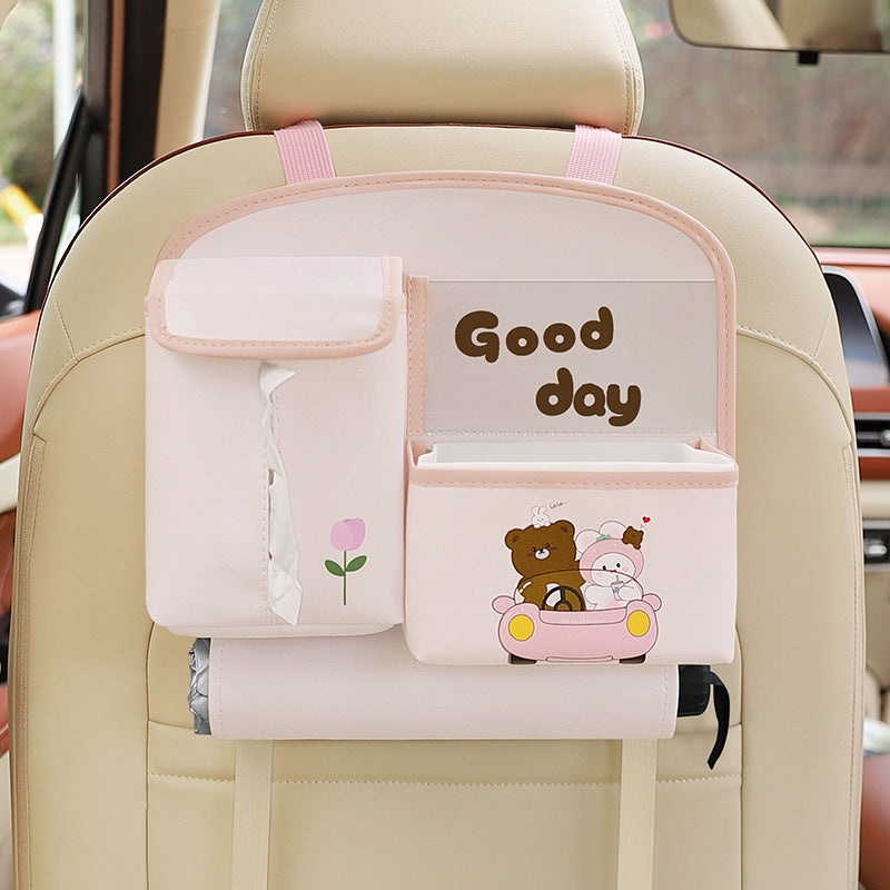 Pink Cute Cartoon Car Backseat Organizer with Multi-Pocket Storage and PP Trash Bin – 400g Lightweight PU Leather